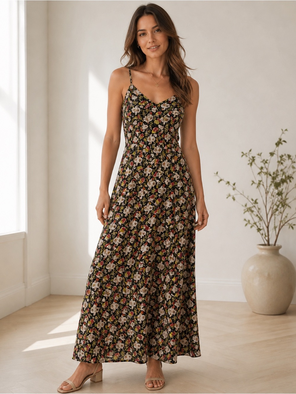 Jcrew Floral Spaghetti Strap Maxi Dress black red size xs